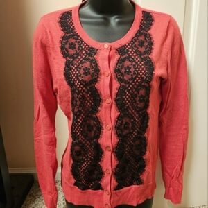 New York & Company Pink and Black Lace Cardigan Sweater